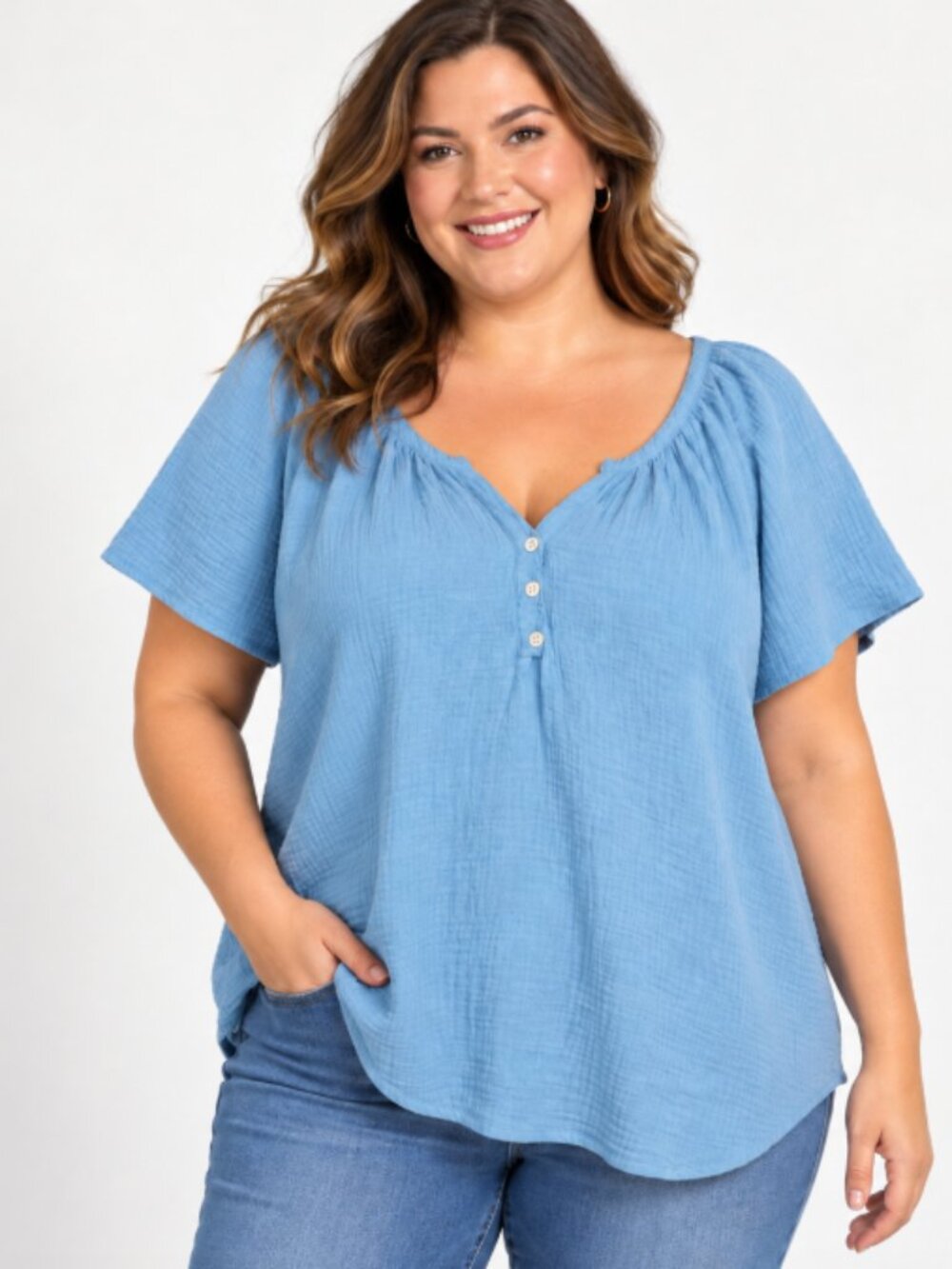 Cynthia Rowley Women’s 2X Blue Gauze Blouse Button V-Neck Short Sleeve NWT
